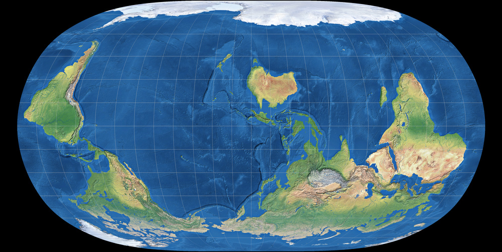 Natural Earth II projection, South-Up, centered to 150° East