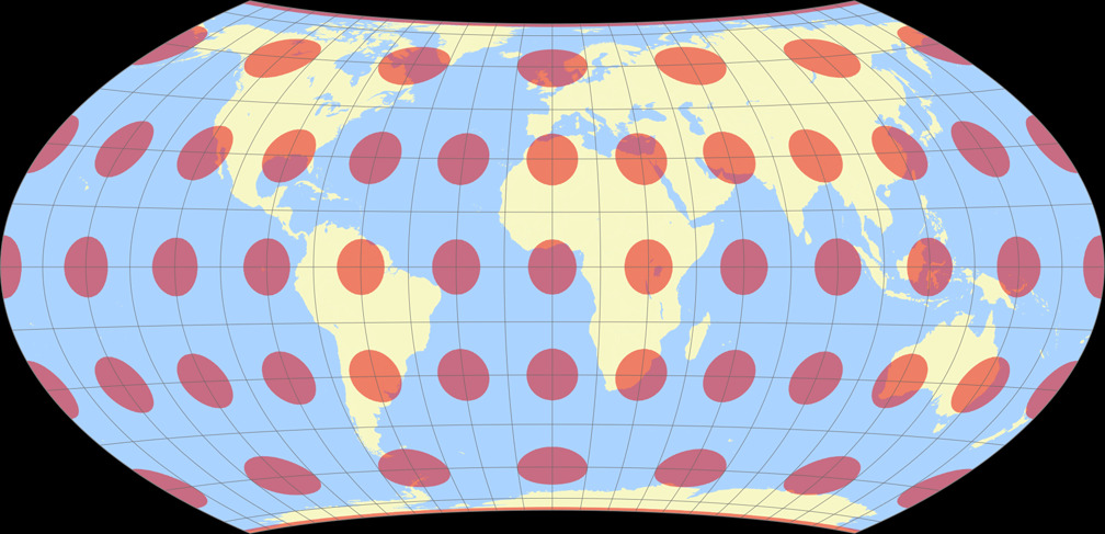 Entfernungsbezogene Weltkarte (distance-related map; approximation.) Tissot Indicatrix