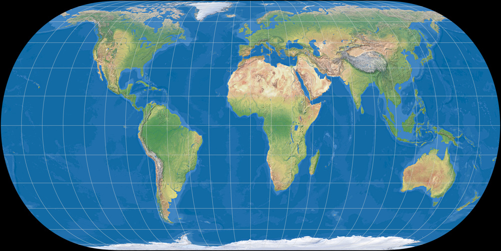 World map using Hufnagel 10 Projection (Ocean with layered depth tints)