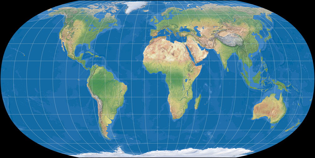 World map using Hufnagel 7 Projection (Ocean with layered depth tints)