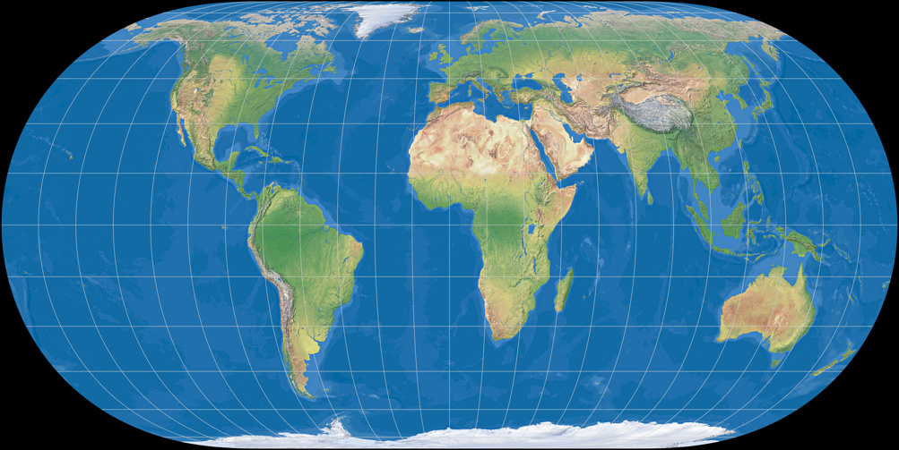 World map using Hufnagel 9 Projection (Ocean with layered depth tints)