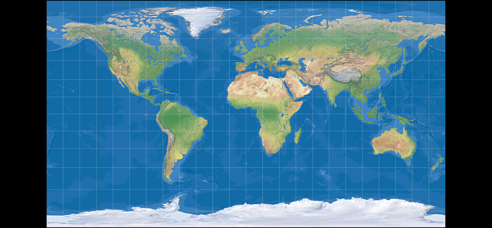 World map using a flawed rendition of the Patterson Cylindrical Projection (Ocean with layered depth tints)