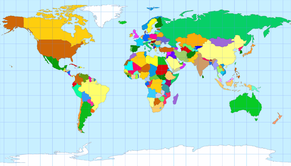 Political world map, projected to Patterson Cylindrical Projection.