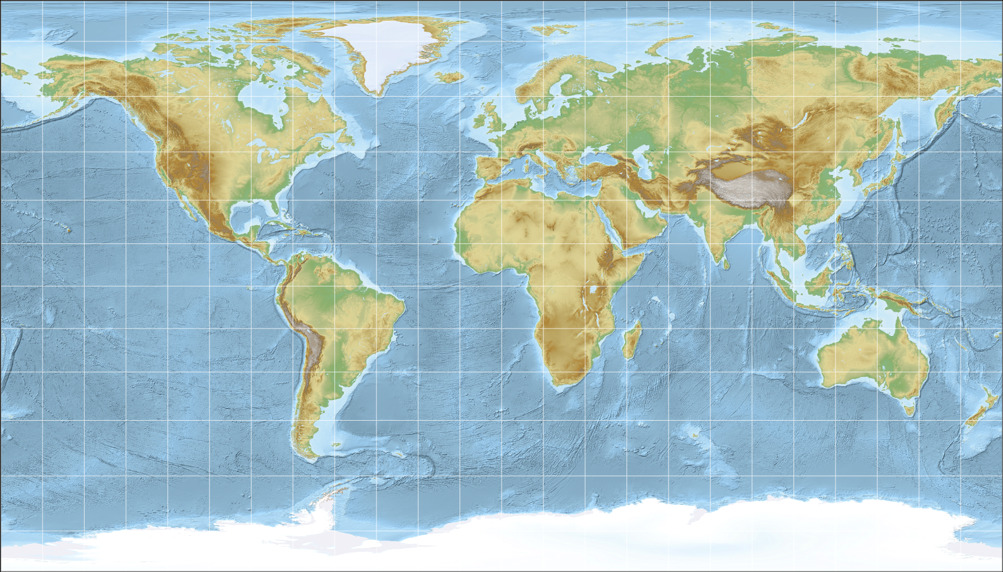Topographic world map, projected to Patterson Cylindrical Projection.