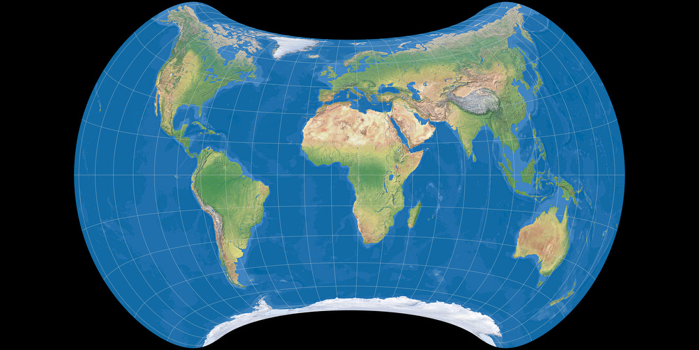 World map using Strebe 1995 projection, centered to 10° East (Ocean with layered depth tints)