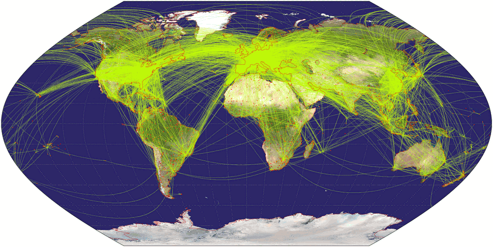 Airline traffic world map, projected to Wagner III Projection.