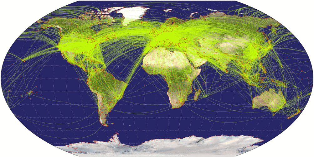 Airline traffic world map, projected to Wagner VI Projection.