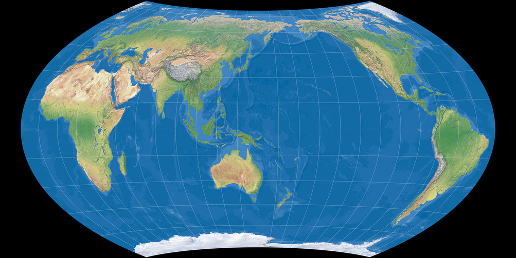 World map using Wagner VII projection, centered to 150° East (Ocean with layered depth tints)
