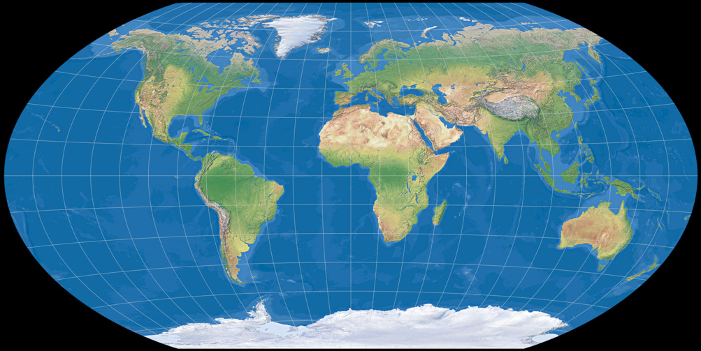 World map using Winkel Tripel BOPC Projection (Ocean with layered depth tints)