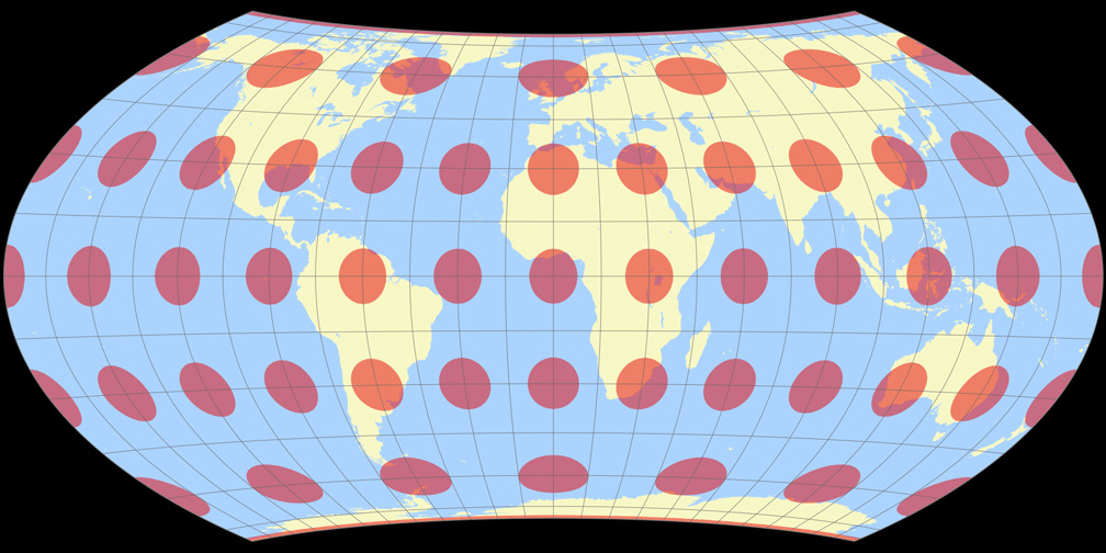 Entfernungsbezogene Weltkarte (distance-related map; approximation.) Tissot Indicatrix
